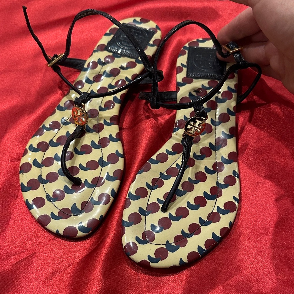 Tory Burch Navy Blue Leather Thong Flat Sandals Size 7